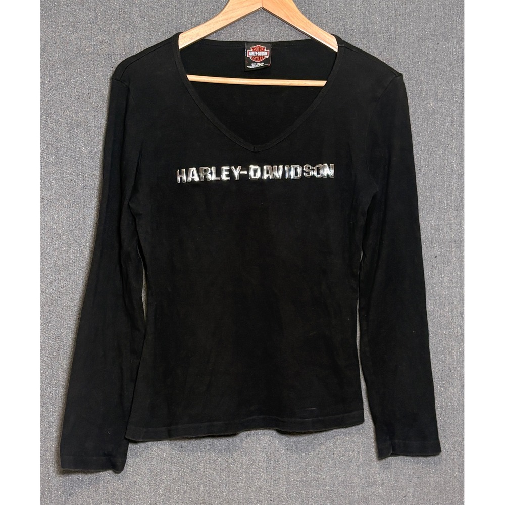 Harley-Davidson Womens Black V-Neck Long Sleeve Shirt Silver Logo Large Michigan